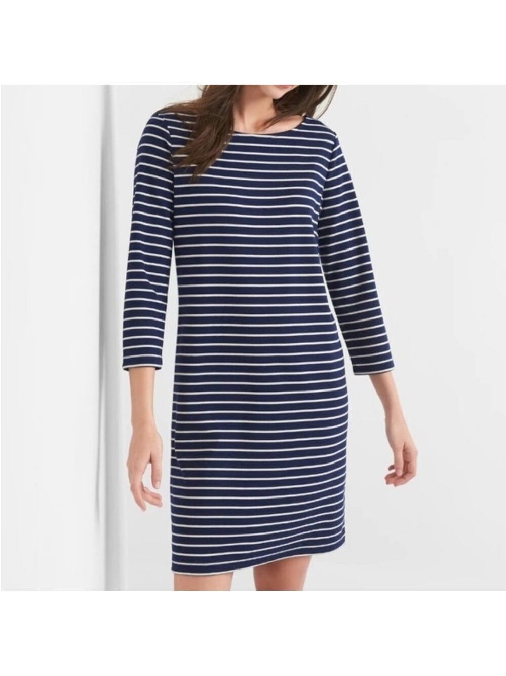 Gap Ponte Knit 3/4 Sleeve Navy & White Nautical Striped Shift Dress, size M